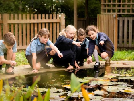 Happy Reception pupils looking at fish in the pond at The Lea Primary School